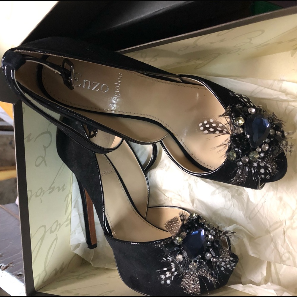 Enzo peep toe suede pumps with feather